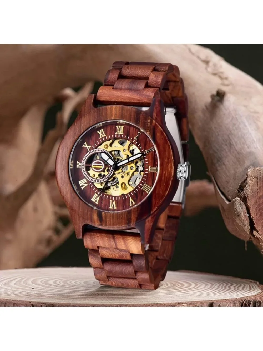Men's All Red Analog Quartz No Battery Fashion Mechanical Movement Wooden Watch
